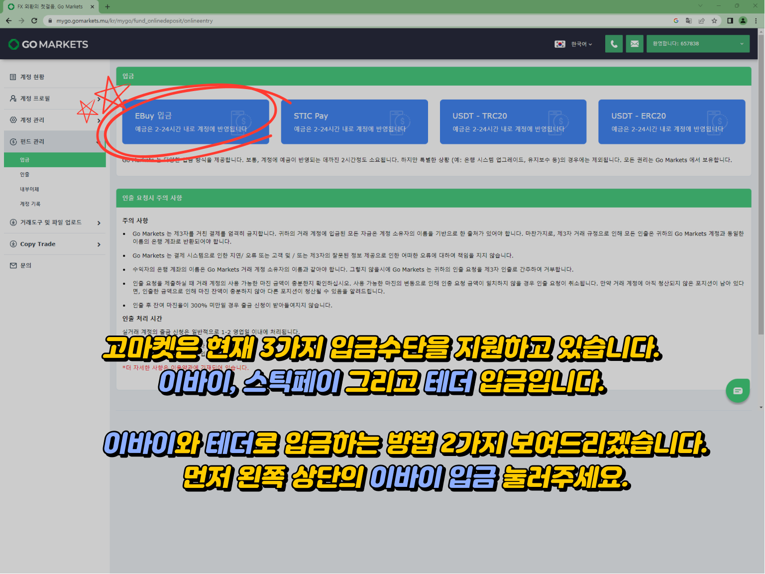 Gomarkets 입금방법 - 고마켓의 지원하는 입금 수단 안내: 이바이, 스틱페이, 테더
